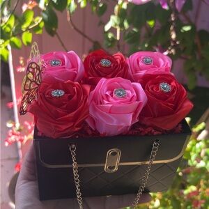 Elegant Black Bag with Red and Pink Floral